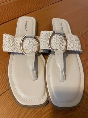 Pierre Dumas Cream Braided Ring Toe-Post Sandals with Gold Accent